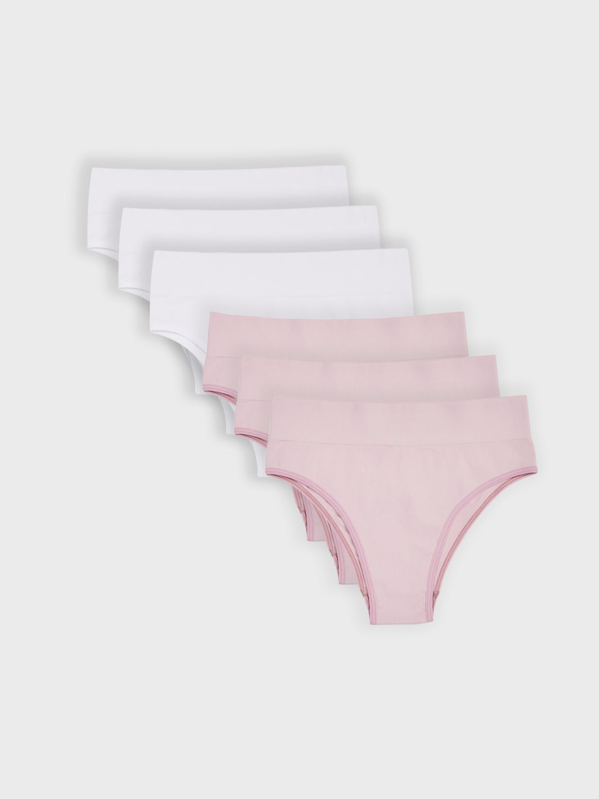 Kit com 6 Calcinhas Biquíni Cintura Alta Canelado Sem Costura Premium (3 Branco e 3 Rose)