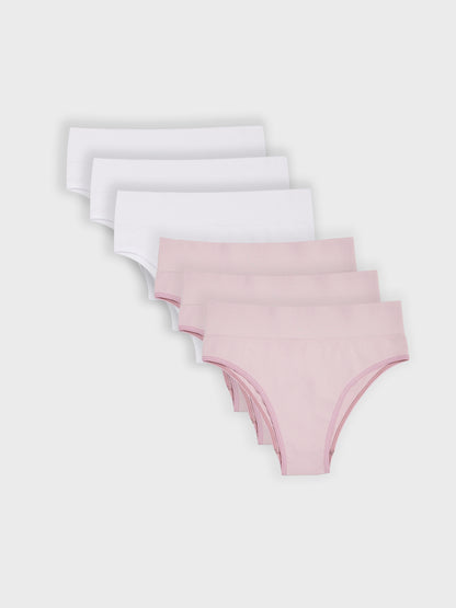 Kit com 6 Calcinhas Biquíni Cintura Alta Canelado Sem Costura Premium (3 Branco e 3 Rose)