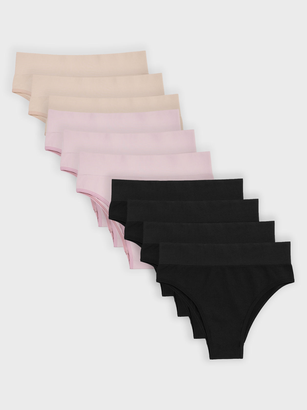 Kit com 10 Calcinhas Biquíni Cintura Alta Canelado Sem Costura Premium (4 Preto, 3 Bege e 3 Rose)