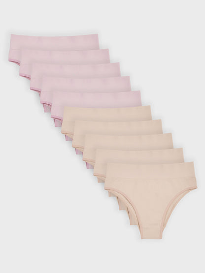Kit com 10 Calcinhas Biquíni Cintura Alta Canelado Sem Costura Premium (5 Bege e 5 Rose)
