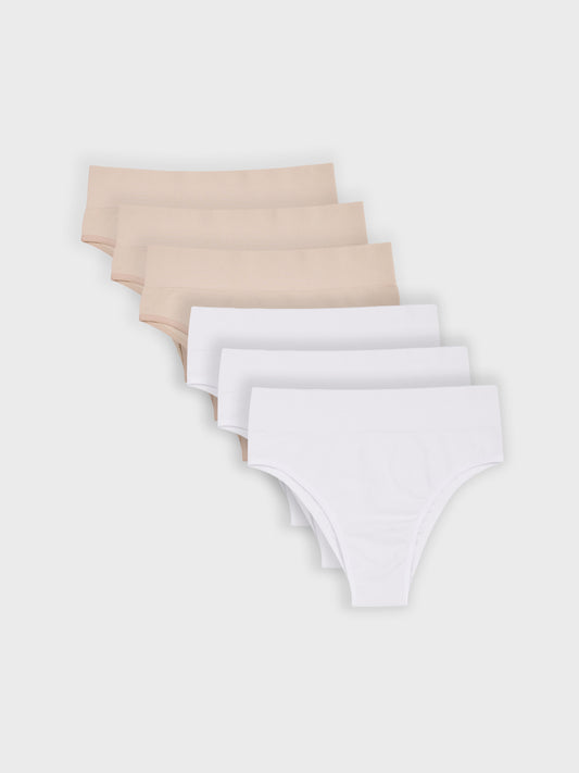 Kit com 6 Calcinhas Biquíni Cintura Alta Canelado Sem Costura Premium (3 Branco e 3 Bege)