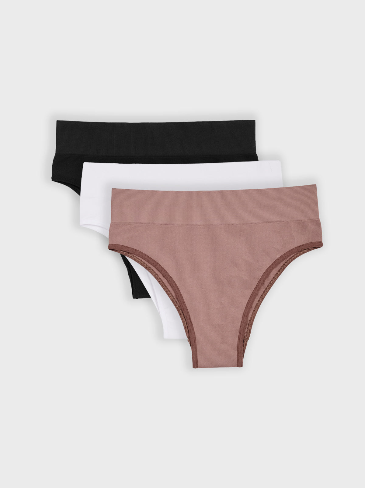 Kit com 3 Calcinhas Biquíni Cintura Alta Canelado Sem Costura Premium (1 Branco, 1 Preto e 1 Marrom Cacau)