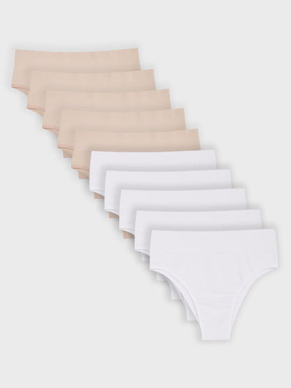 Kit com 10 Calcinhas Biquíni Cintura Alta Canelado Sem Costura Premium (5 Branco e 5 Bege)
