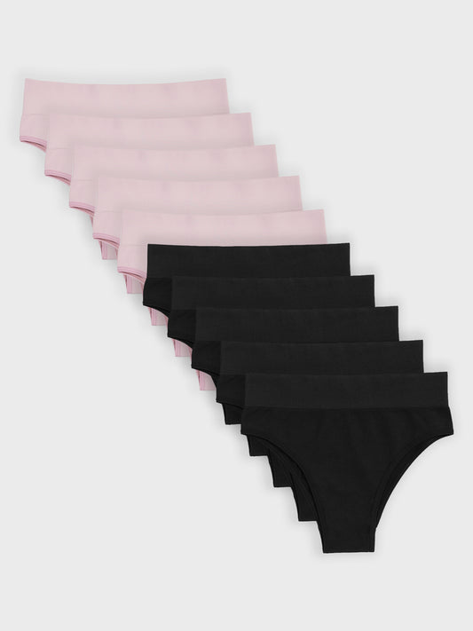 Kit com 10 Calcinhas Biquíni Cintura Alta Canelado Sem Costura Premium (5 Preto e 5 Rose)