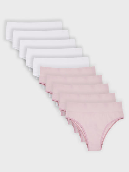 Kit com 10 Calcinhas Biquíni Cintura Alta Canelado Sem Costura Premium (5 Branco e 5 Rose)