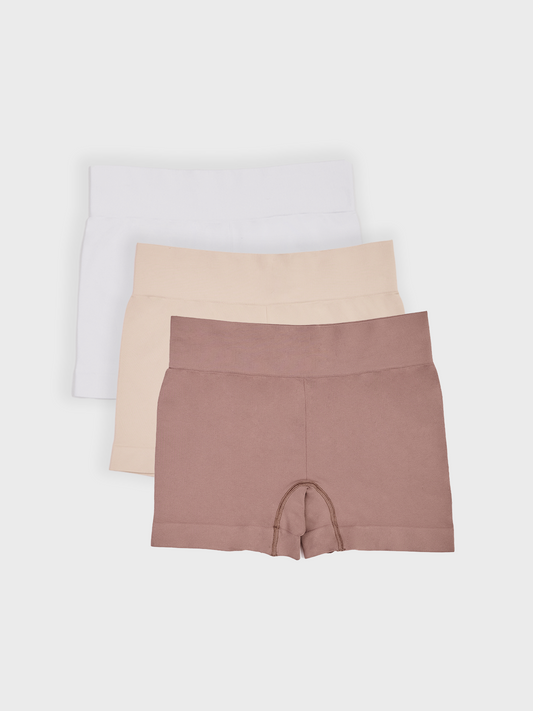 Kit com 3 Calcinhas Boxer Boyshort Sem Costura Premium (1 Branco, 1 Bege e 1 Marrom Cacau)