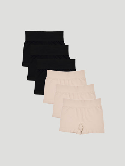 Kit com 6 Calcinhas Boxer Boyshort Sem Costura Premium (3 Preto e 3 Bege)
