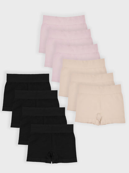 Kit com 10 Calcinhas Boxer Boyshort Sem Costura Premium (4 Preto, 3 Bege e 3 Rose)