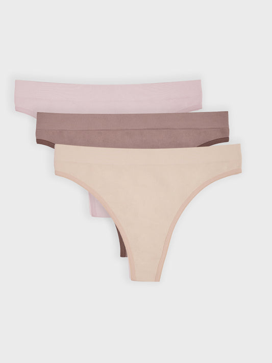 Kit com 3 Calcinhas Fio Dental Canelado Sem Costura Premium (1 Bege, 1 Rose e 1 Marrom Cacau)