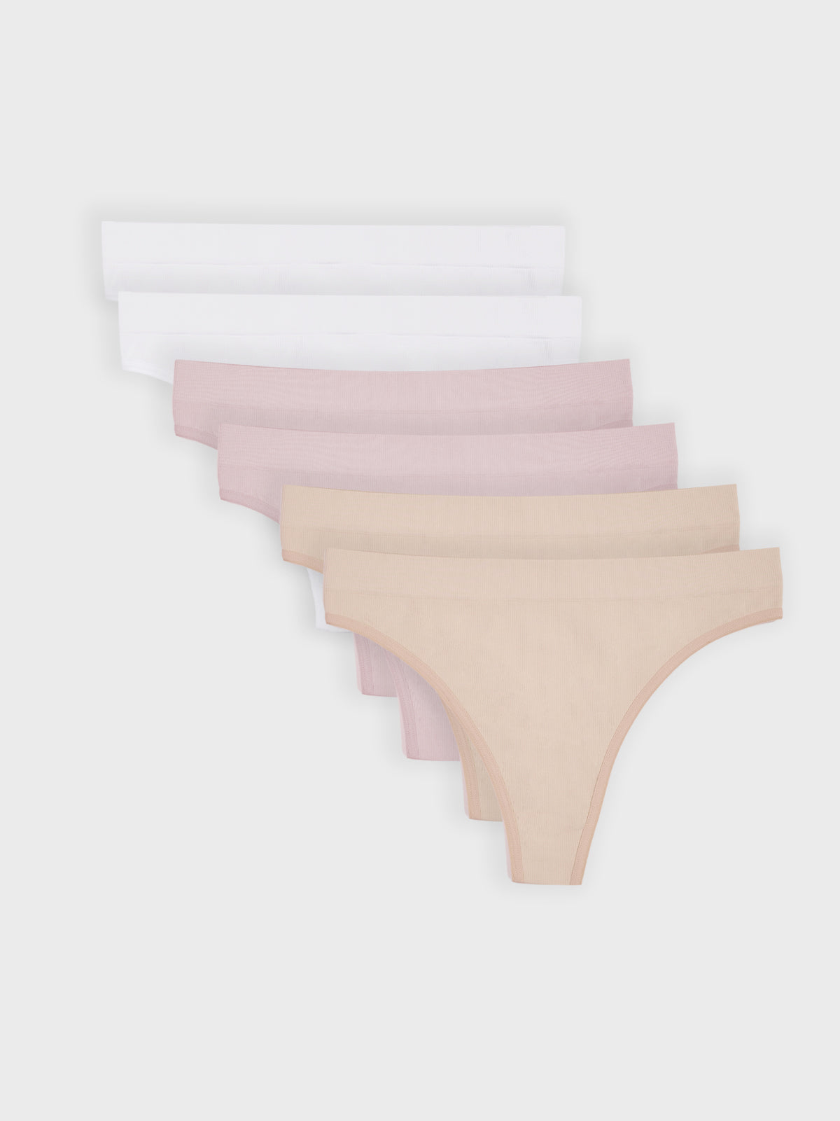 Kit com 6 Calcinhas Fio Dental Canelado Sem Costura Premium (2 Bege, 2 Rose e 2 Branco)