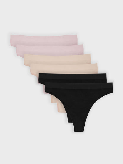 Kit com 6 Calcinhas Fio Dental Canelado Sem Costura Premium (2 Bege, 2 Rose e 2 Preto)