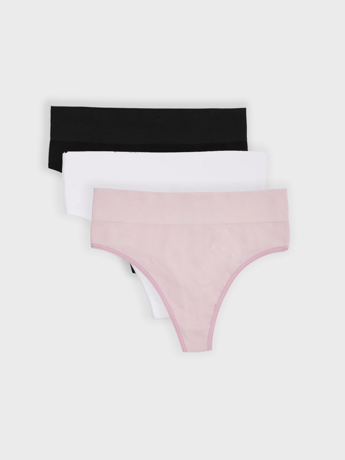 Kit com 3 Calcinhas Fio Dental Cintura Alta Canelado Sem Costura Premium (1 Branco, 1 Preto e 1 Rose)