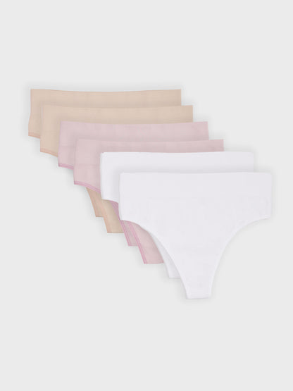 Kit com 6 Calcinhas Fio Dental Cintura Alta Canelado Sem Costura Premium (2 Bege, 2 Rose e 2 Branco)