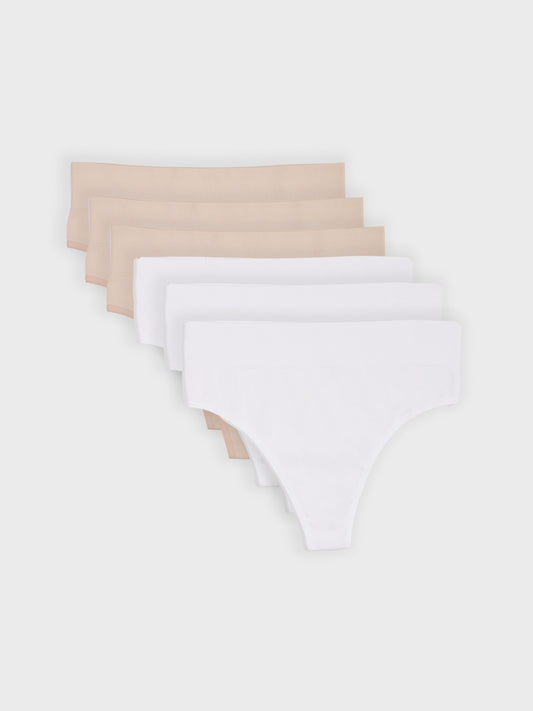 Kit com 6 Calcinhas Fio Dental Cintura Alta Canelado Sem Costura Premium (3 Branco e 3 Bege)