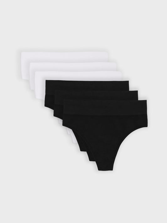Kit com 6 Calcinhas Fio Dental Cintura Alta Canelado Sem Costura Premium (3 Preto e 3 Branco)