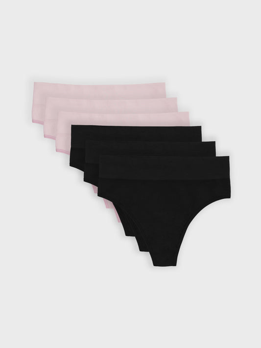 Kit com 6 Calcinhas Fio Dental Cintura Alta Canelado Sem Costura Premium (3 Preto e 3 Rose)