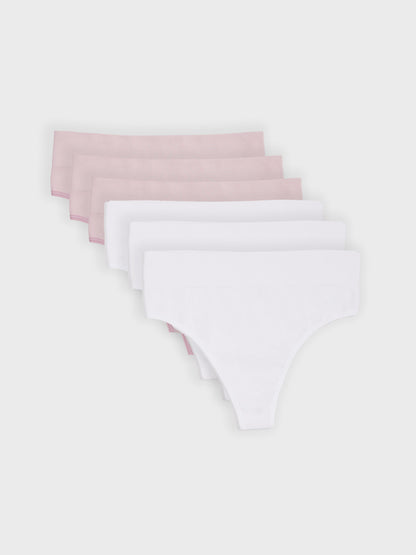 Kit com 6 Calcinhas Fio Dental Cintura Alta Canelado Sem Costura Premium (3 Branco e 3 Rose)