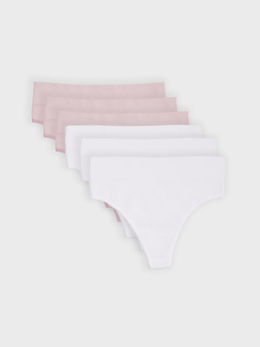 Kit com 6 Calcinhas Fio Dental Cintura Alta Canelado Sem Costura Premium (3 Branco e 3 Rose)