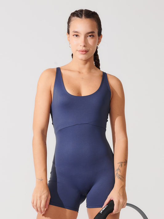Macaquinho Fitness Modelador com Alças Largas e Costas Cruzadas Azul Marinho