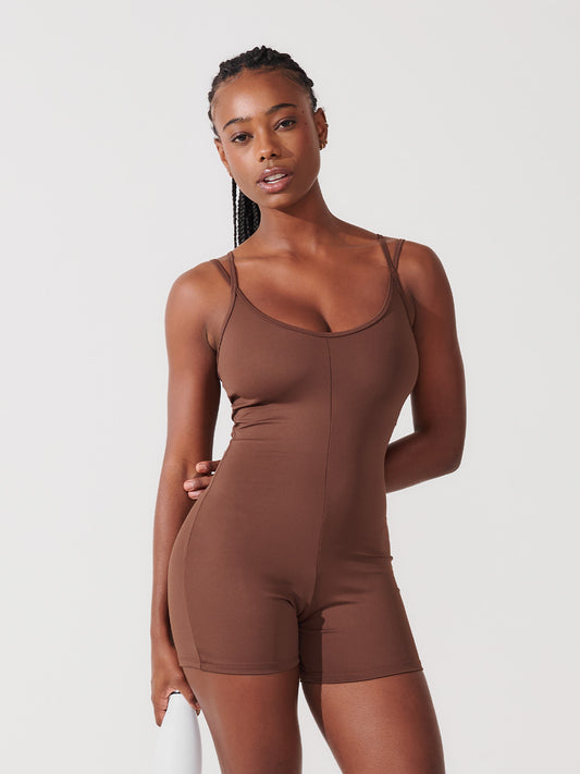 Macaquinho Fitness Modelador com Decote V e Alças Finas Marrom Café