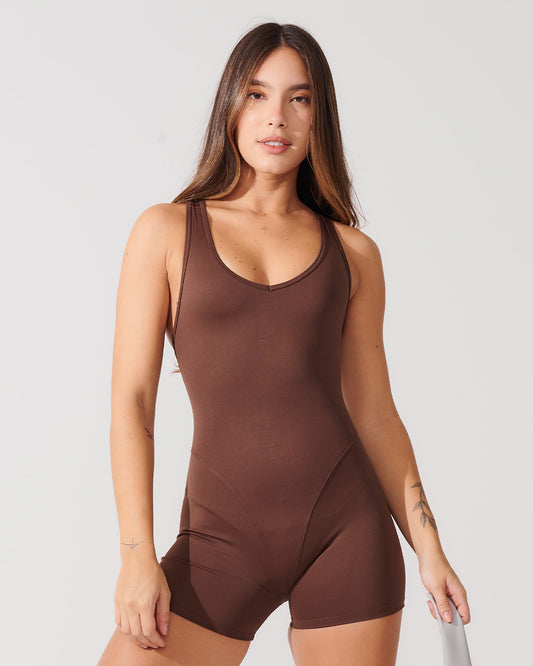 Macaquinho Fitness Modelador com Alças Grossas e Costas em X Marrom Café