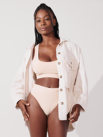 Conjunto Sutiã Modelador + Calcinha Fio Dental Cintura Alta Premium Bege