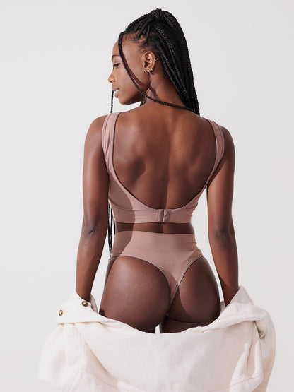 Conjunto Sutiã Modelador + Calcinha Fio Dental Cintura Alta Premium Marrom Cacau