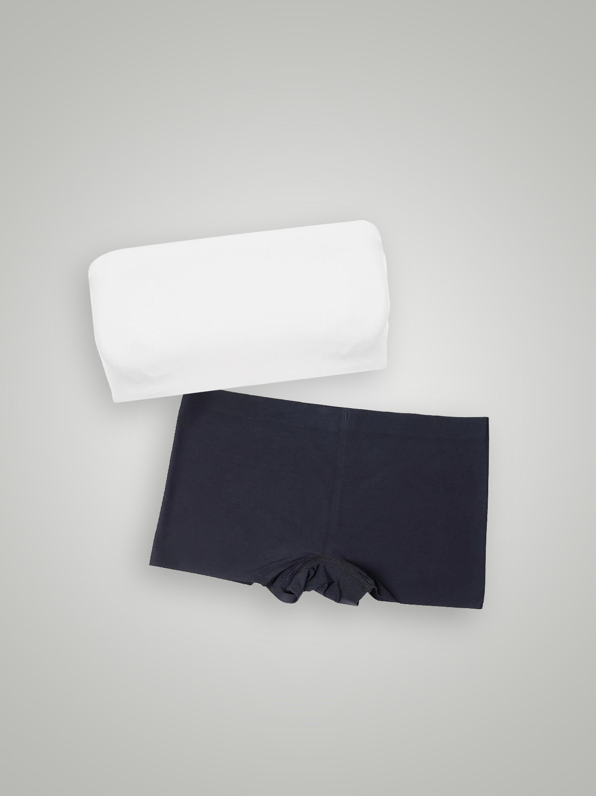 Kit P&B Clássico: Top Faixa Sem Costura com Bojo Removível Branco + Calcinha Boxer Boyshort Sem Costura Segunda Pele Preto