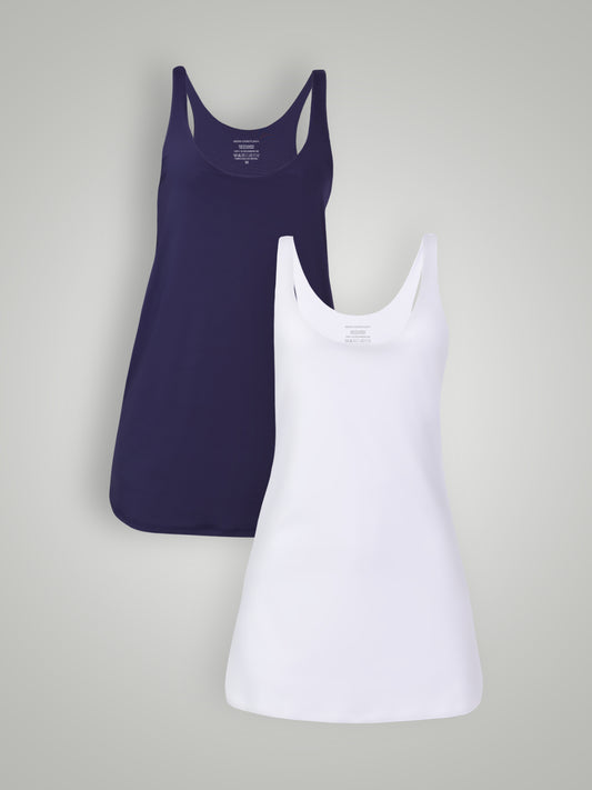 Kit Equilíbrio: Vestido Fitness Essencial Branco + Azul Marinho