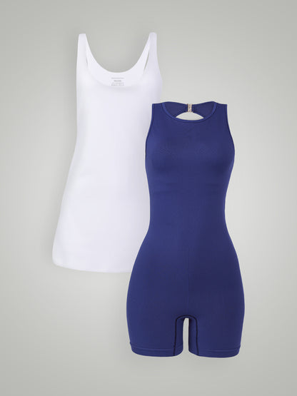 Kit Movimento: Macaquinho Fitness Sem Costura Azul Marinho + Vestido Fitness Essencial Branco