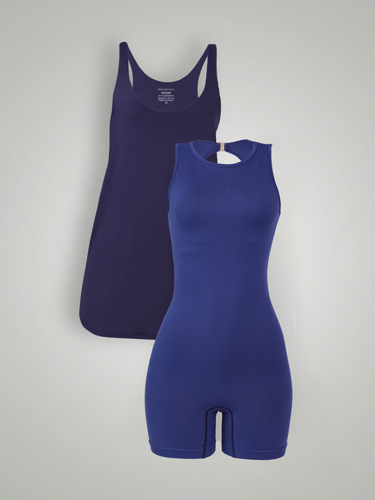 Kit Azul: Vestido Fitness Essencial + Macaquinho Fitness Azul Marinho