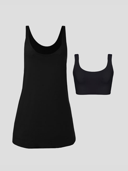 Kit Vestido Fitness Essencial Preto + Sutiã Top Ampla Cobertura Preto