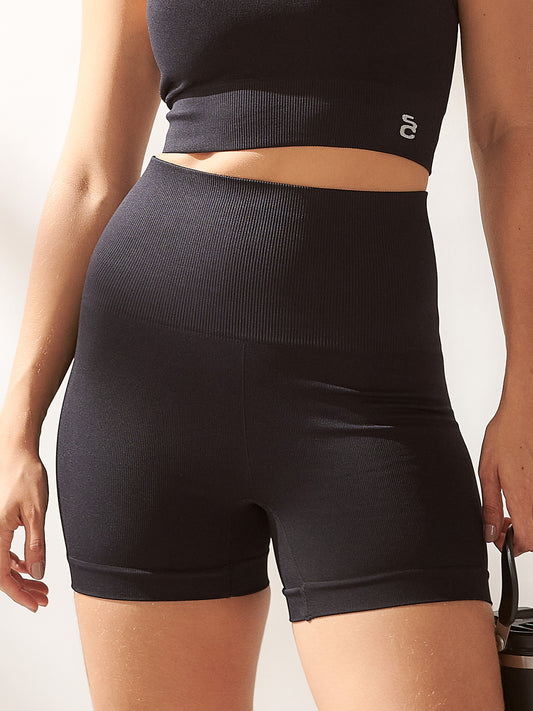 Shorts Cintura Alta Canelado Sem Costura Preto