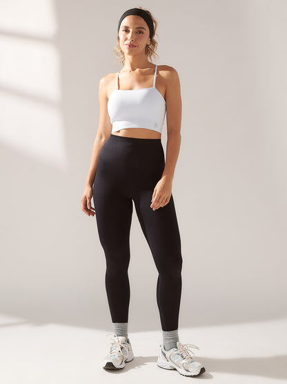 Conjunto Top Fitness Branco + Legging Cintura Alta Canelada Preto