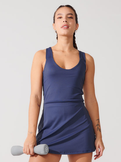 Vestido Fitness Modelador com Sustentação, Costas Nadador e Shorts Azul Marinho
