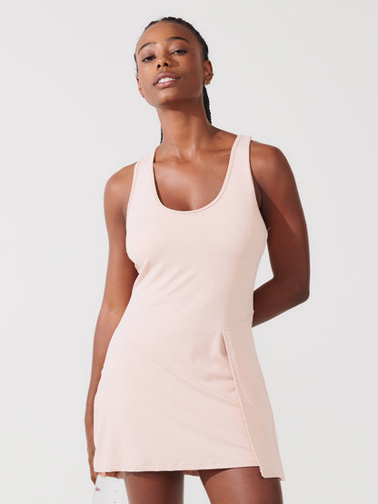 Vestido Fitness Plissado com Shorts e Costas Nadador Bege