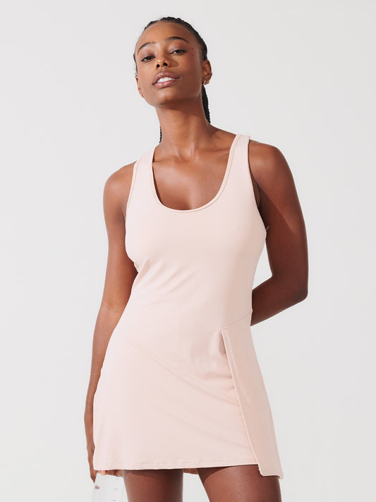 Vestido Fitness Plissado com Shorts e Costas Nadador Bege